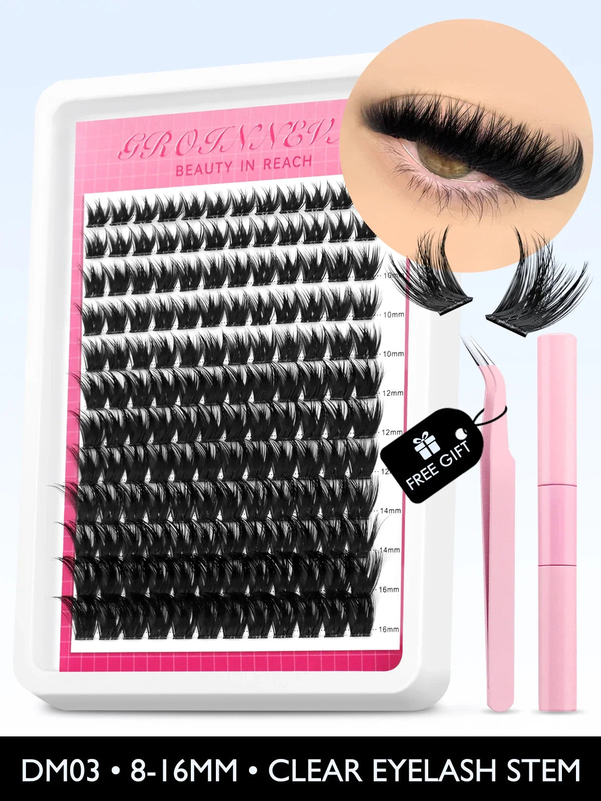 Blushimmer Lash Clusters Kit with fluffy C curl individual lashes, 10-18mm, including lash bond and seal for DIY eyelash extensions.