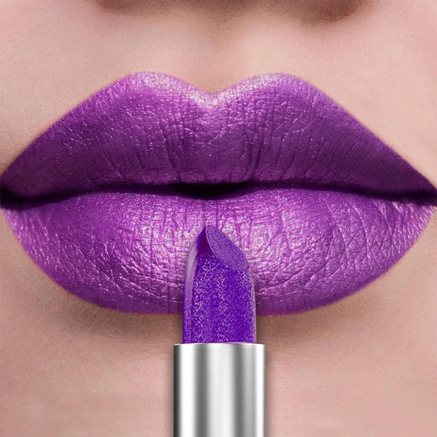 Blushimmer 21-color metallic lipstick and lip tint with shiny, pearlescent finish, long-lasting matte lip makeup for bold, vibrant looks.