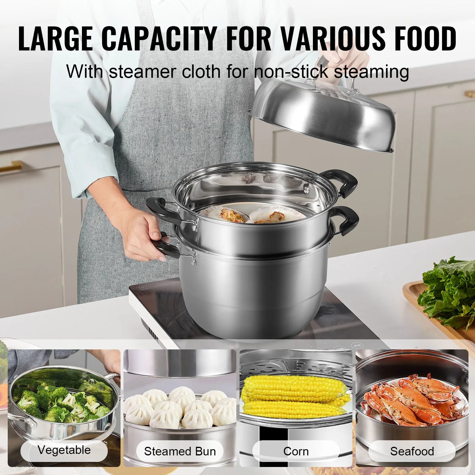 SucceBuy Steamer Pot 11in/28cm, 3 Tier Steamer Pot for Cooking with 8.5QT Stock Pot, 304 Stainless Steel Food Steamer Cookware