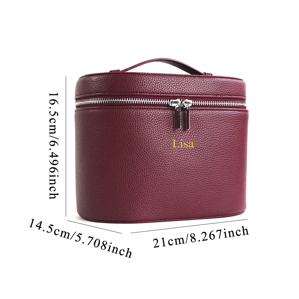 Large-capacity PU leather cosmetic box by Blushimmer with internal storage, customizable name, travel portable beauty bag