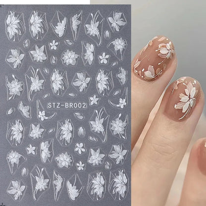 Blushimmer 3D white flower nail art stickers with cute floral designs, acrylic decoration decals for DIY nail charms and adhesive accessories.
