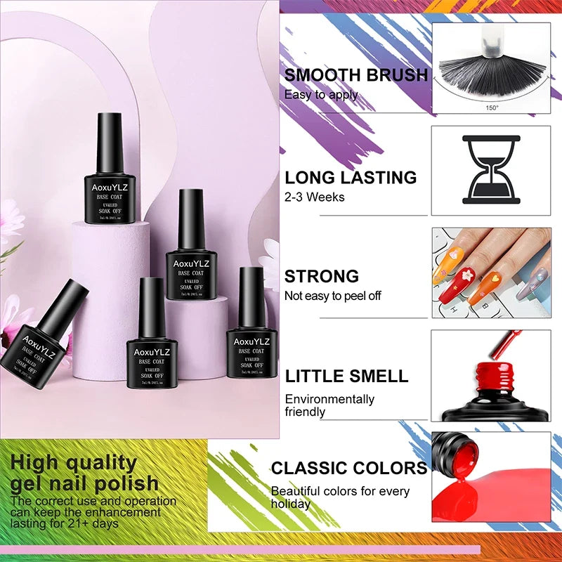Set of 28 colorful gel nail polishes by Blushimmer in glass bottles with matte top and base coats for soak-off UV gel nails.