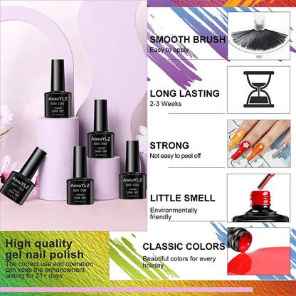 Set of 28 colorful gel nail polishes by Blushimmer in glass bottles with matte top and base coats for soak-off UV gel nails.
