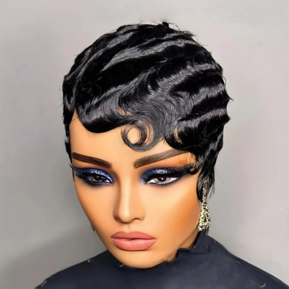 Black finger wave human hair wig with short pixie cut, Brazilian human hair, ocean wave style, machine-made by MISSHAIR Store