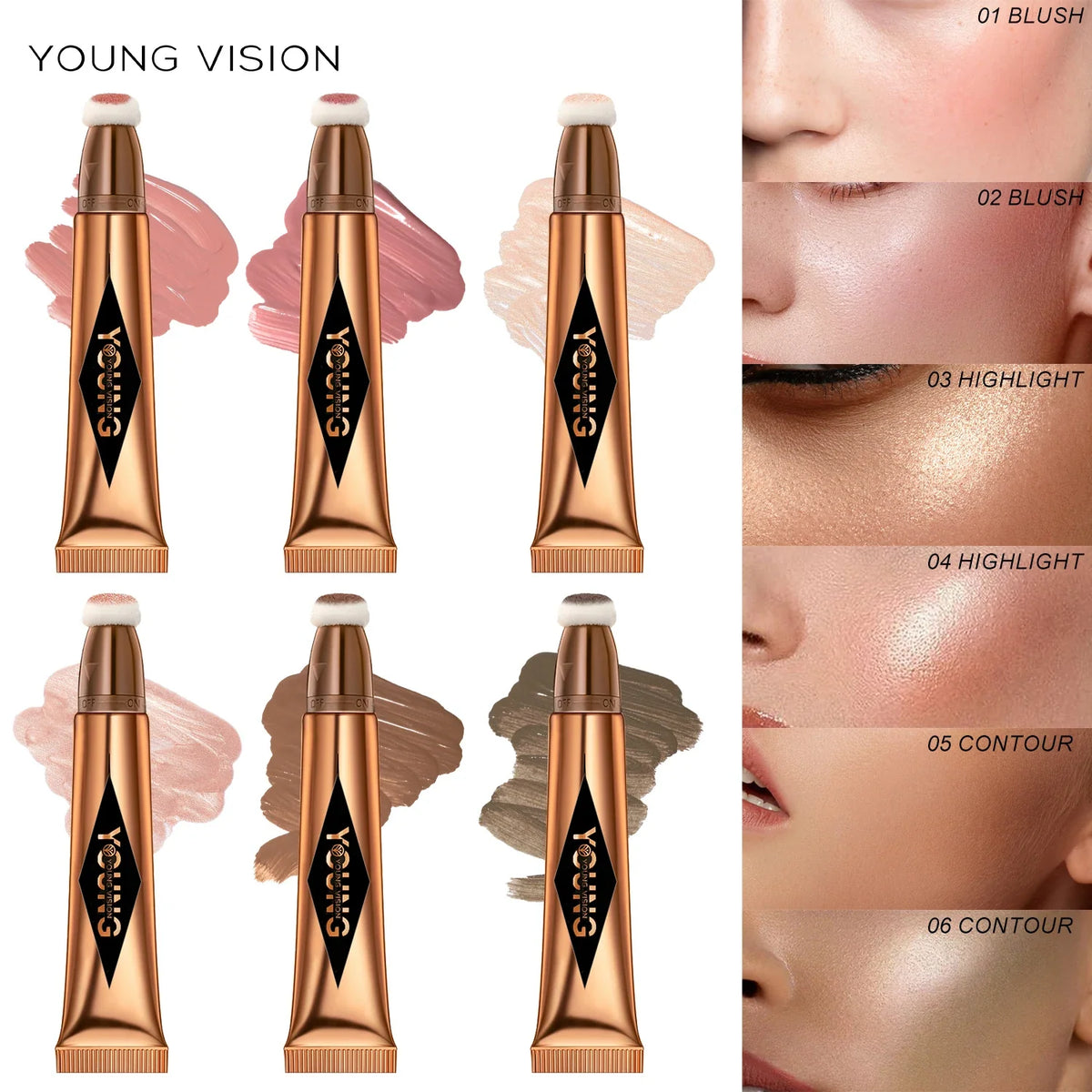 Blushimmer Young Vision air cushion powder blusher in high gloss stick, liquid rouge in six color options, displayed in a makeup palette