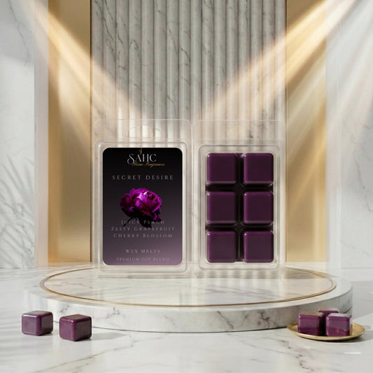 SAHC Secret Desire wax melt with floral and fruity scents, displayed in a clear container, showcasing the product's vibrant colors.