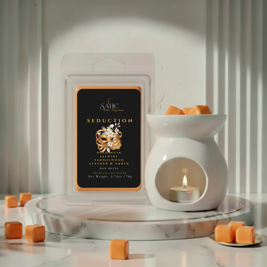 SAHC Seduction wax melts in a clear container, showcasing the fragrant, decorative wax melts designed for aromatic home scenting.