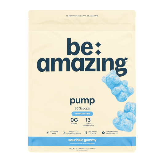 Be Amazing Non-Stim Pump pre-workout supplement in sour blue gummy flavor, shown in colorful packaging with vibrant design.