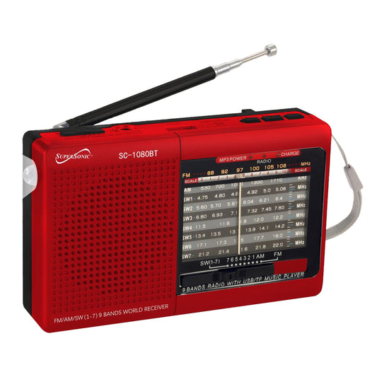 Red Supersonic 9-band radio stereo system with Bluetooth, featuring digital tuning and modern home audio design.