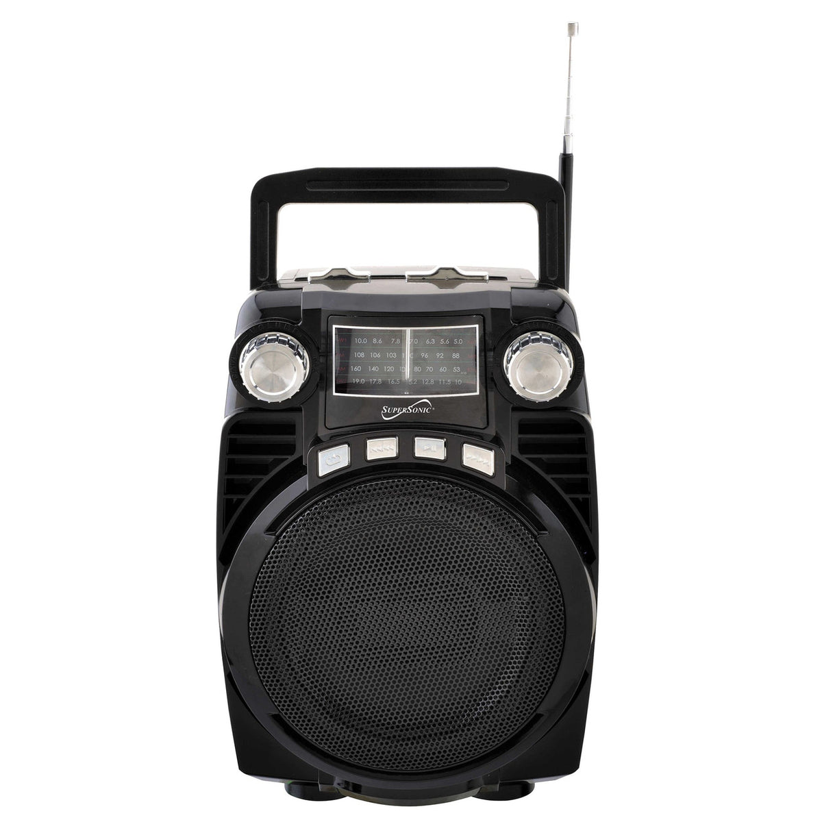 Black Supersonic Bluetooth portable 4-band radio from the SC-1390BT series, featuring a compact home stereo system with digital display.