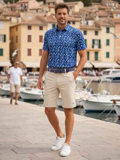 White Water Life Scales Polo shirt in tan, casual short-sleeve polo with a classic fit and collar, displayed on a white background.