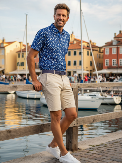 White Water Life Scales Polo shirt in tan, showcasing a casual polo with a collar and button details.