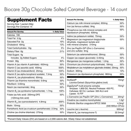 Biocare 30G Protein Chocolate Salted Caramel dietary beverage powder with 14 servings, showing the packaging and scoop.