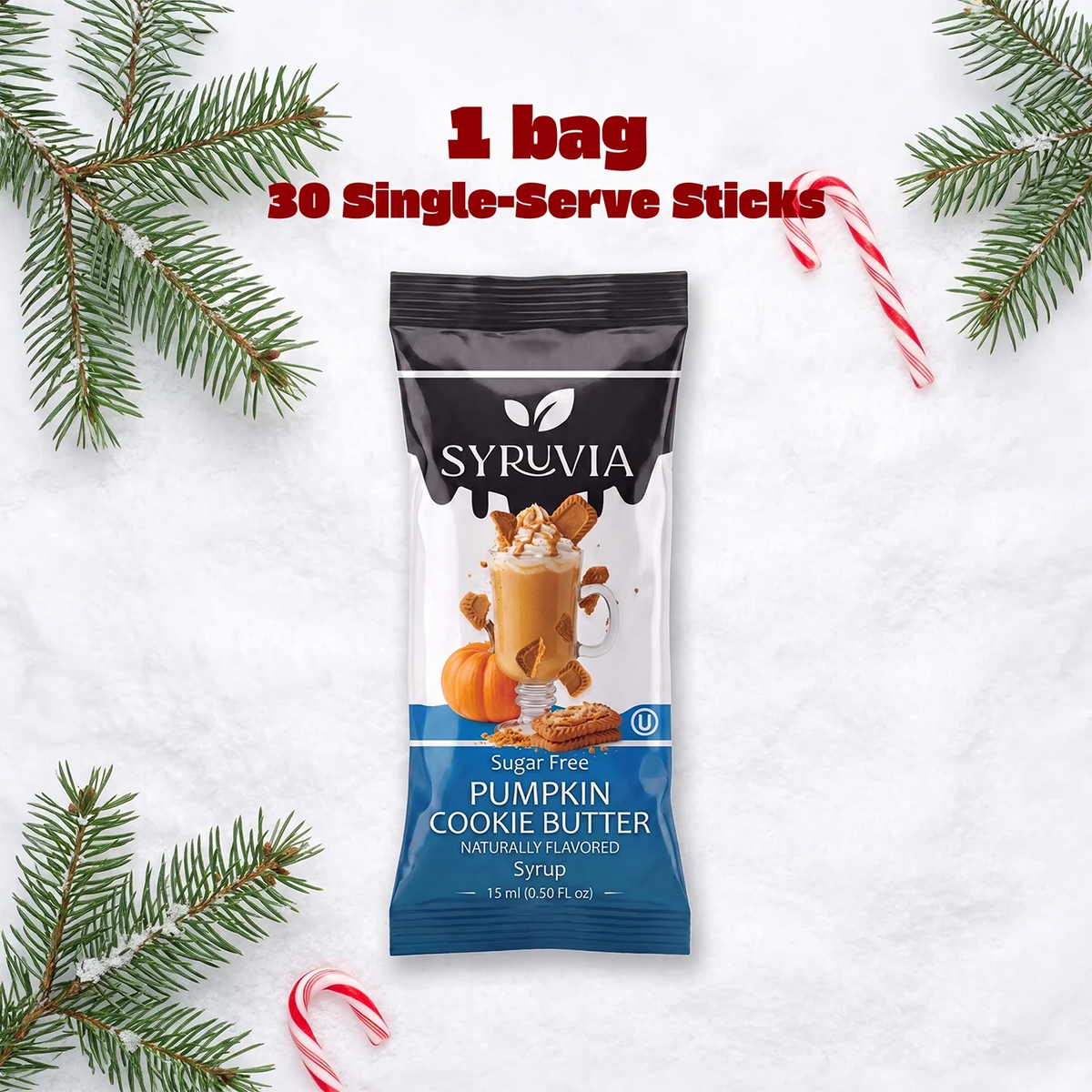 Sugar free pumpkin cookie butter syrup pouches by Syruvia, featuring orange pumpkin flavor and convenient pouch packaging.