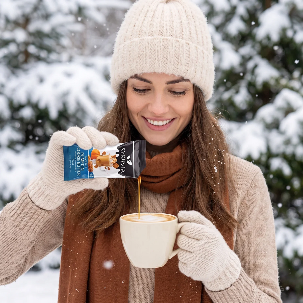 Sugar-free pumpkin cookie butter syrup pouches by Syruvia, featuring a festive pumpkin design and squeeze pouches for easy use.