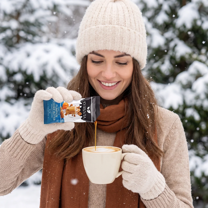 Sugar-free pumpkin cookie butter syrup pouches by Syruvia, featuring a festive pumpkin design and squeeze pouches for easy use.