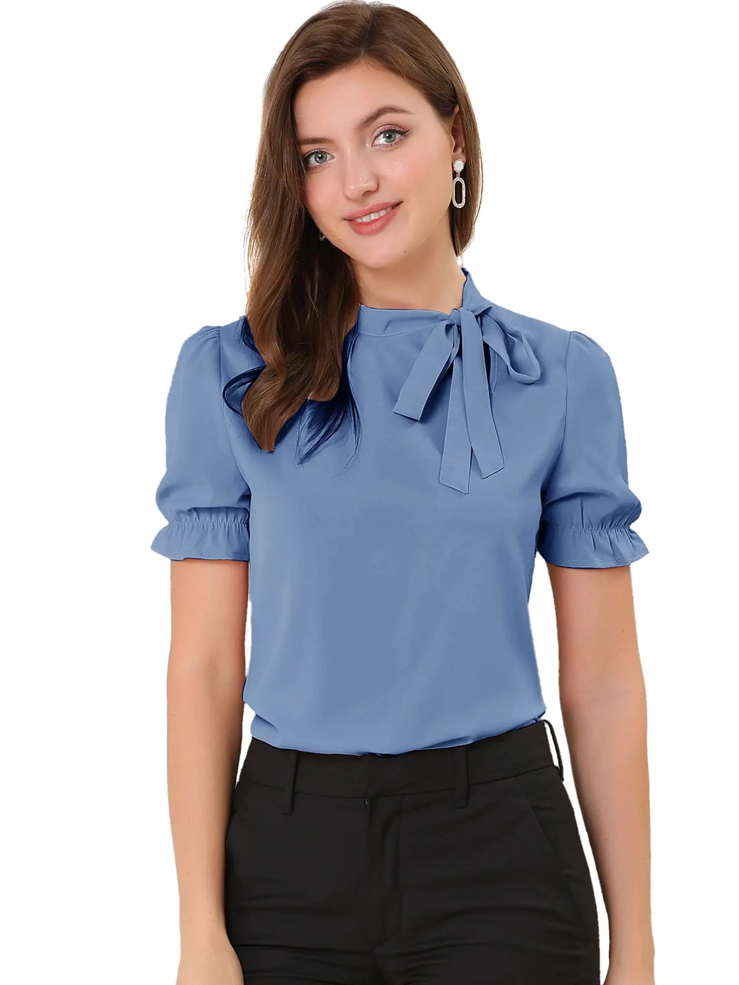 Allegra K Womens Bow Tie Neck Tops Elegant Office Short Sleeve Blouse X-Large Blue