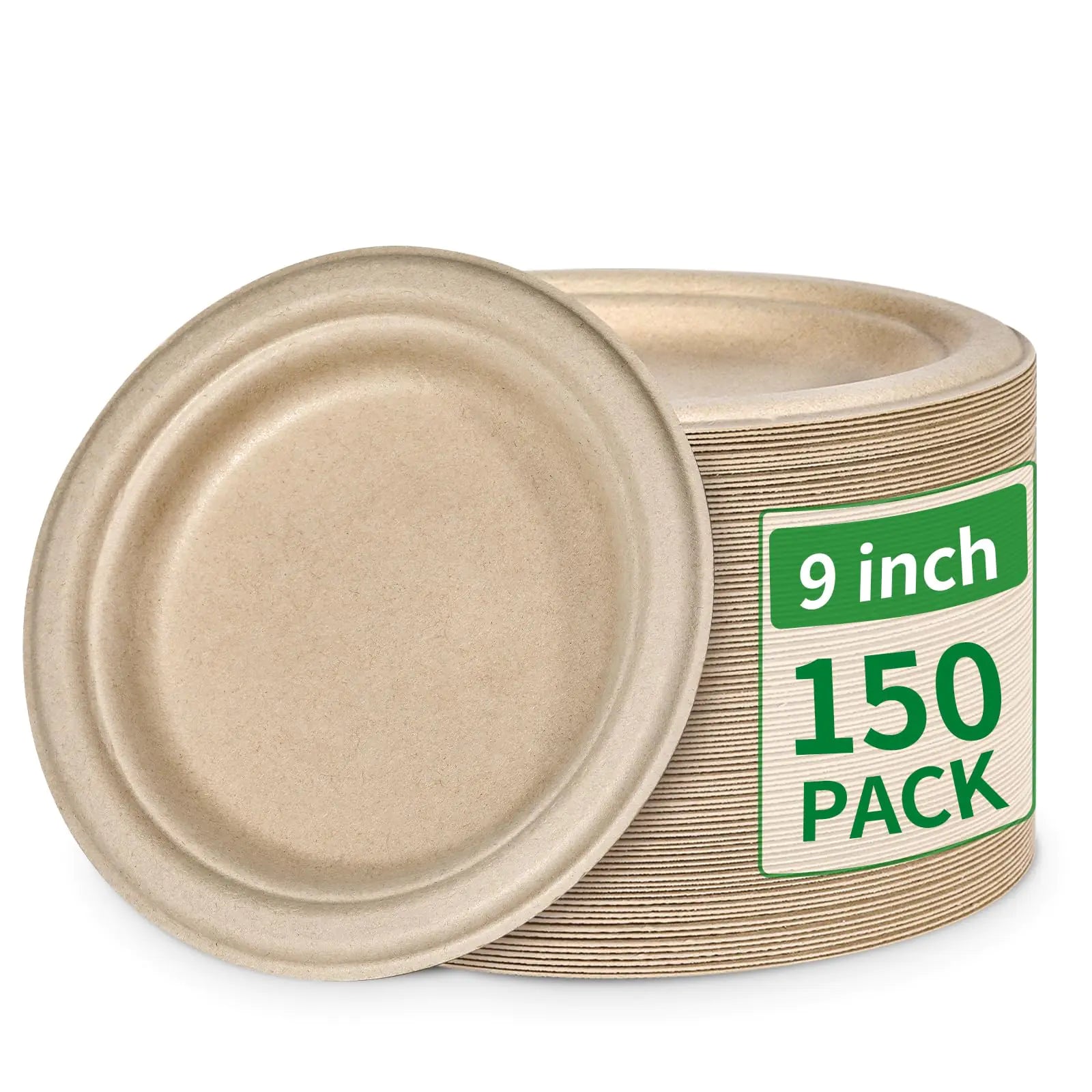 Aricsen Compostable 150 Pack 9 Inch Disposable Round Paper Plates Sugarcane Bagasse Light Brown Heavy Duty Natural Biodegradable Unbleached Eco-Friendly Office Party Dinner Wedding Birthday Dessert