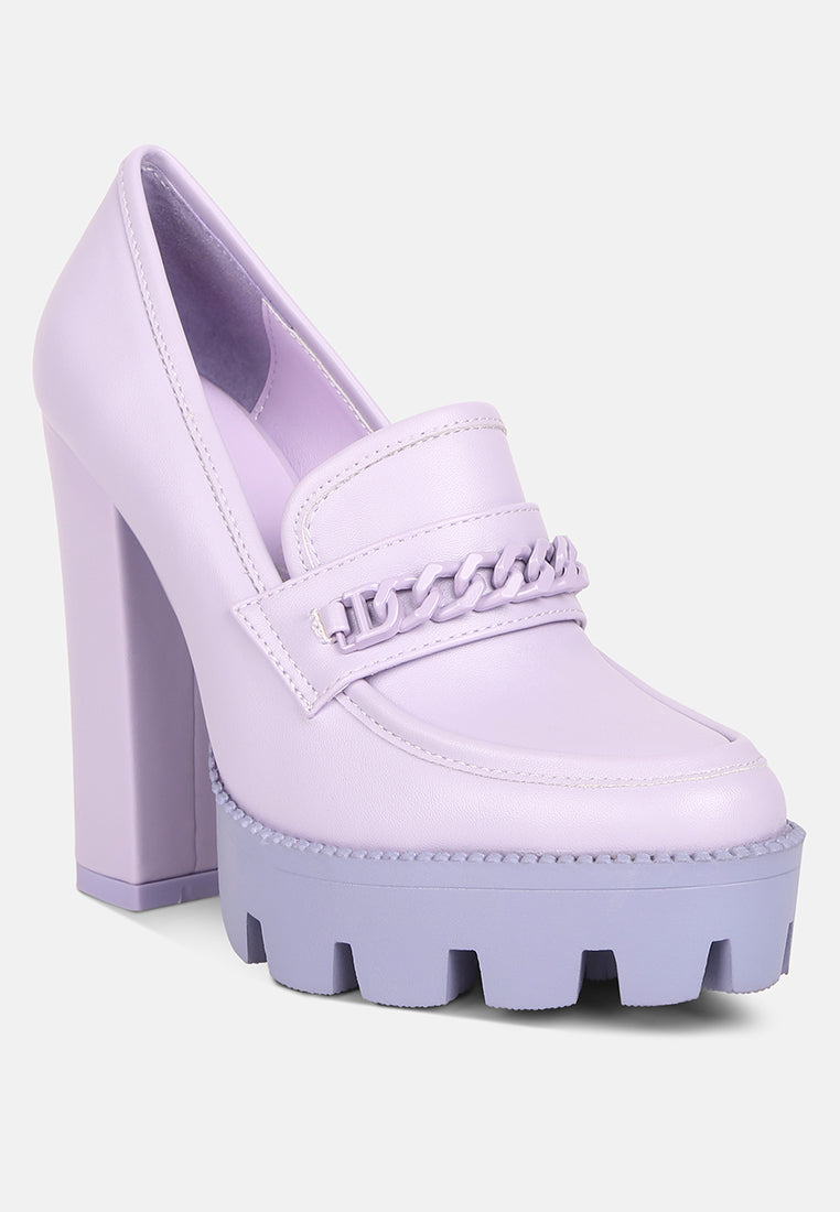Lilac Corinne Chain Embellished Chunky Loafers by Rag & Co, stylish slip-on sandals with chain details and chunky soles.