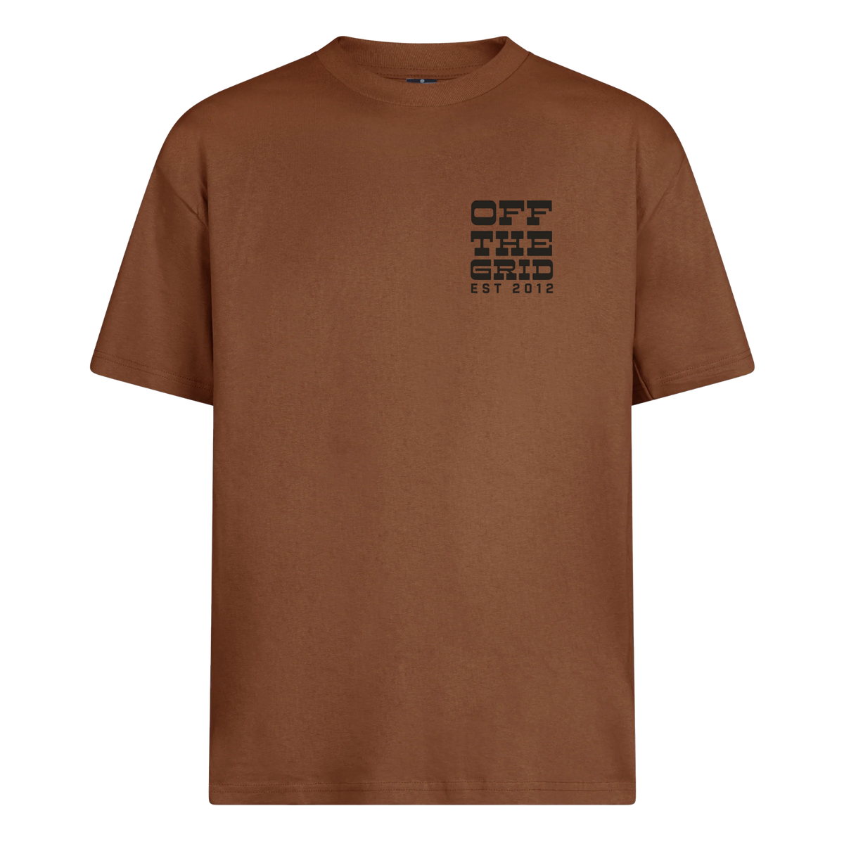 Off The Grid Surplus Silo Tee, a casual men's T-shirt in brown with front graphic design, soft cotton fabric, and comfortable fit.