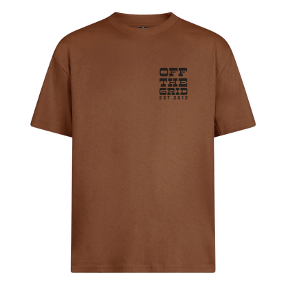 Off The Grid Surplus Silo Tee, a casual men's T-shirt in brown with front graphic design, soft cotton fabric, and comfortable fit.