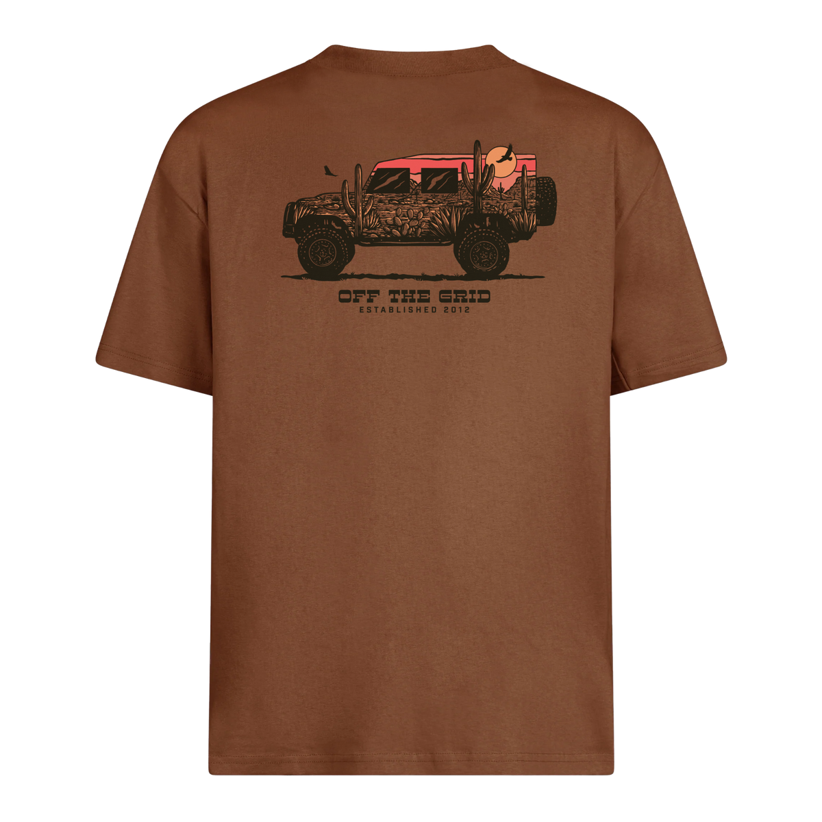 Off The Grid Surplus Silo Tee in brown with black design, casual T-shirt featuring a comfortable fit and modern style.