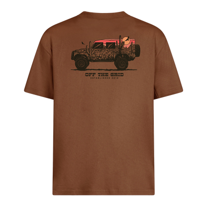Off The Grid Surplus Silo Tee in brown with black design, casual T-shirt featuring a comfortable fit and modern style.