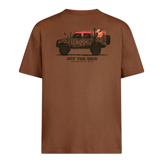 Off The Grid Surplus Silo Tee in brown with black design, casual T-shirt featuring a comfortable fit and modern style.