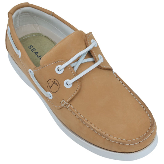 Women’s Seajure Noordhoek boat shoe with tan leather and white rubber sole, featuring lace-up design and classic nautical style.