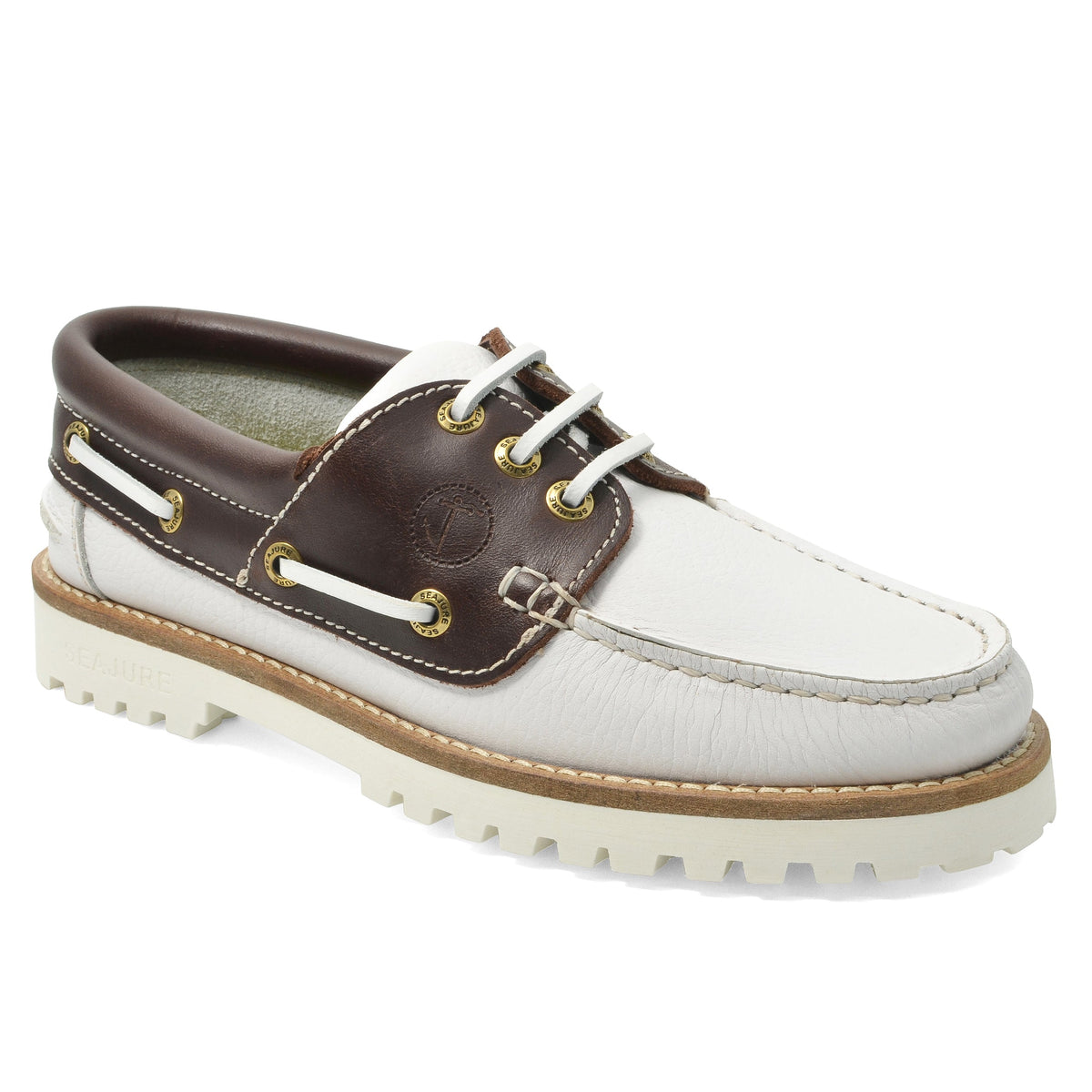 Seajure Women’s Izola boat shoe with tan leather upper and white rubber sole, styled for casual maritime footwear.