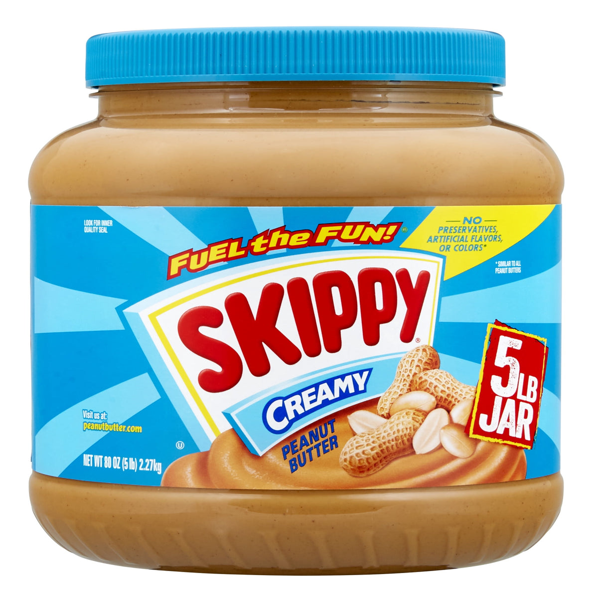 Creamy SKIPPY peanut butter in an 80 oz plastic jar, showing the label with 7g protein per serving and shelf-stable design.