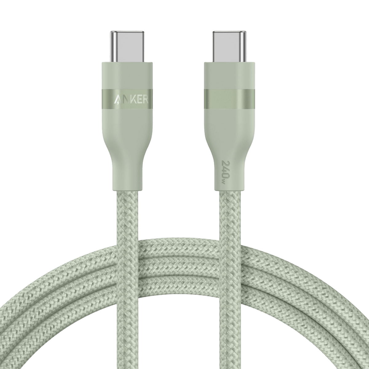 Anker upcycled braided USB-C to USB-C cable in green, 6 feet long, supports 240W power transfer.