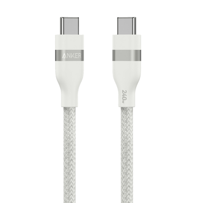 White Anker USB-C to USB-C cable, 3 feet, upcycled braided design, supports 240W charging, visible in the image.