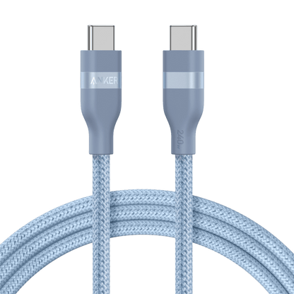 Anker 6ft blue USB-C to USB-C cable with upcycled braided design, supports 240W charging for compatible devices.