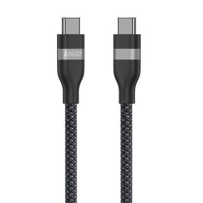 Anker USB-C to USB-C cable in black, 3 ft length, upcycled-braided design, supports 240W charging, shown coiled and connected.