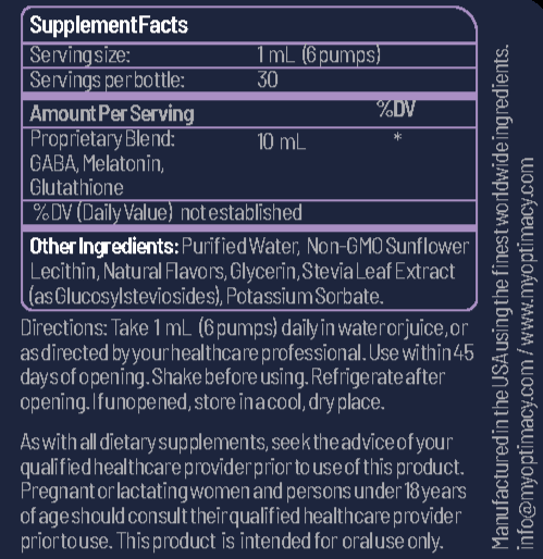 Liposomal Sleep Aid bottle labeled "Liposomal Sleep" by OPTIMICY, featuring a dark blue and white design with sleep-related graphics.