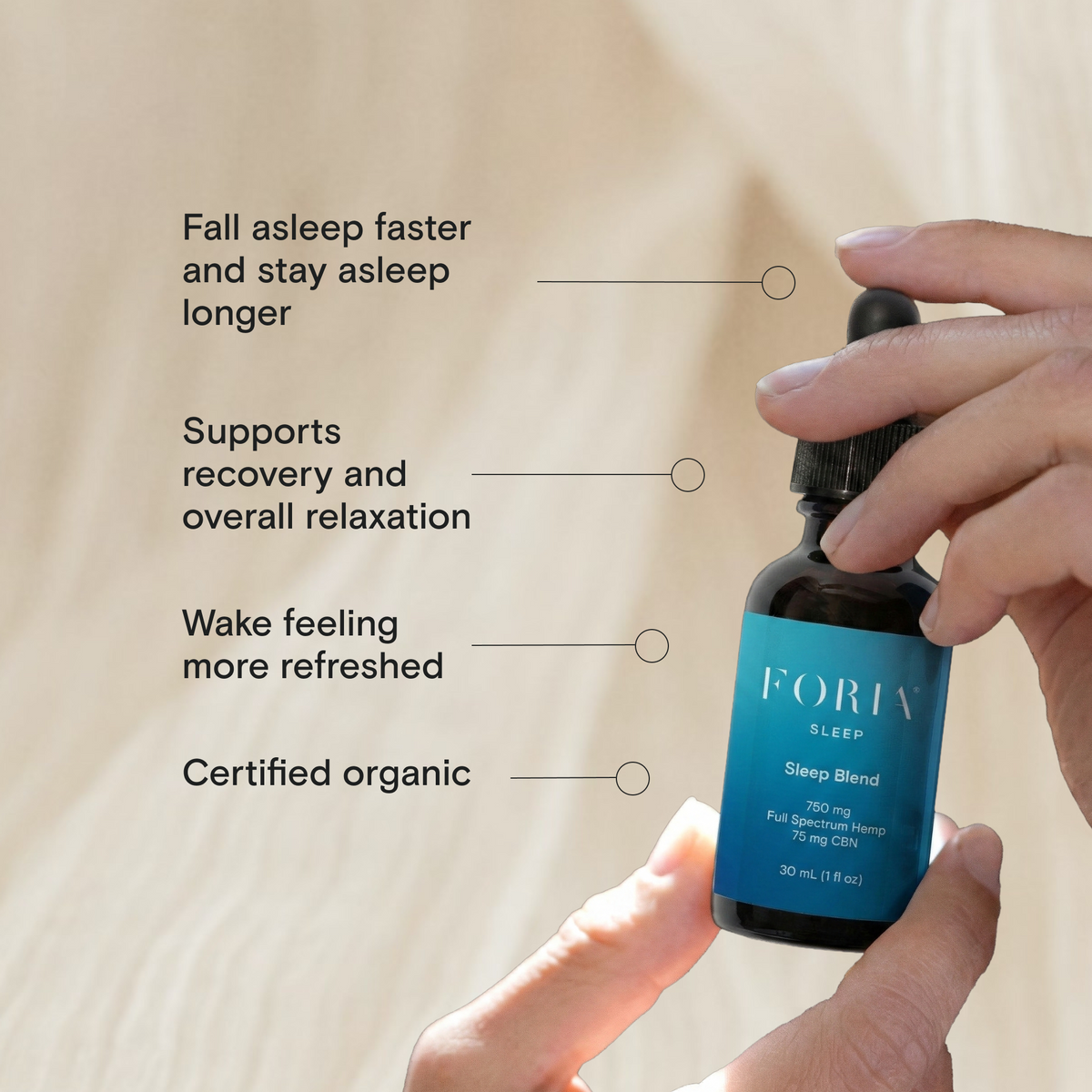 Foria Sleep Blend oil and tincture infographic showing ingredients and benefits for restful sleep.