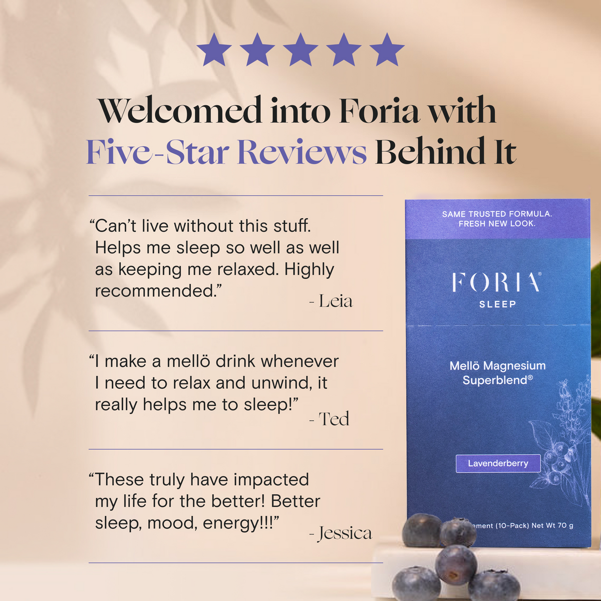 Foria Mellö Magnesium travel sticks in lavenderberry flavor, shown in a sleek packaging with 10 sticks for relaxation and wellness.