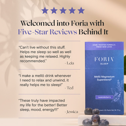 Foria Mellö Magnesium travel sticks in lavenderberry flavor, shown in a sleek packaging with 10 sticks for relaxation and wellness.