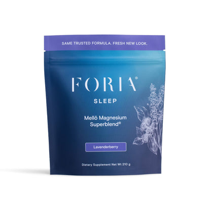 Foria Mellö Magnesium Pouch with lavender and berry scent, featuring a sleek, portable pouch design.