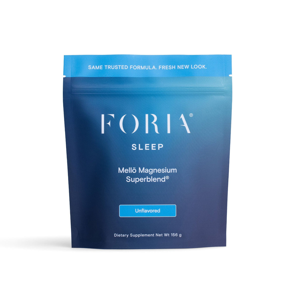 Front view of Foria Mellö Magnesium Pouch in unflavored, flexible packaging with a minimalist design.