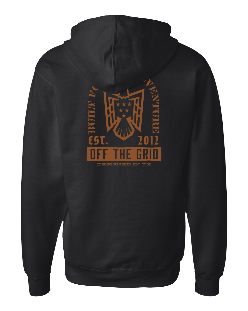 Black fleece hoodie with soaring eagle graphic from Off The Grid Surplus, featuring a front view of the hoodie with the eagle design.
