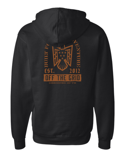 Black fleece hoodie with soaring eagle graphic from Off The Grid Surplus, featuring a front view of the hoodie with the eagle design.
