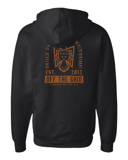 Black fleece hoodie with soaring eagle graphic from Off The Grid Surplus, featuring a front view of the hoodie with the eagle design.