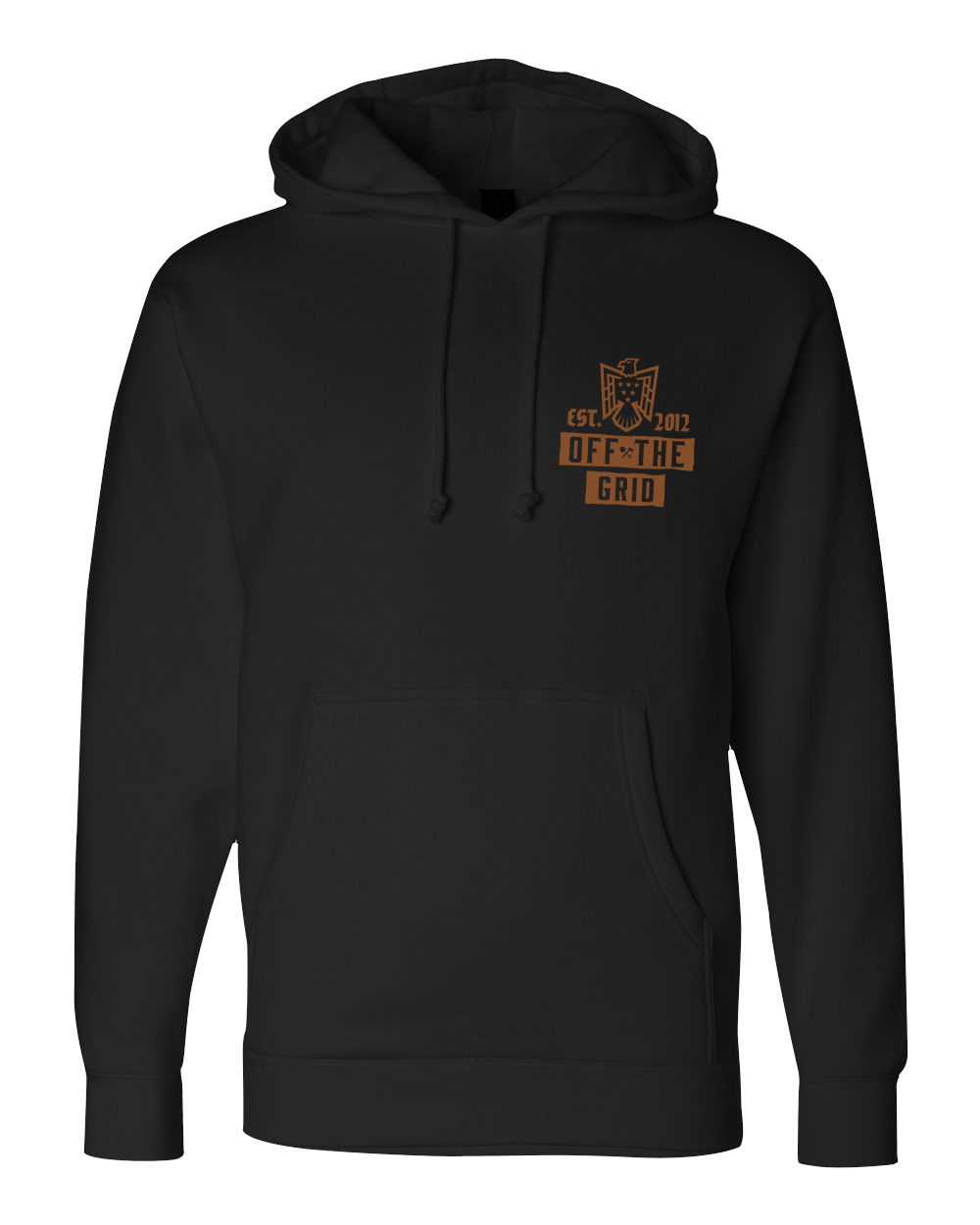 Black fleece hoodie featuring a soaring eagle design from Off The Grid Surplus, front view showing detailed eagle graphic and hoodie details.