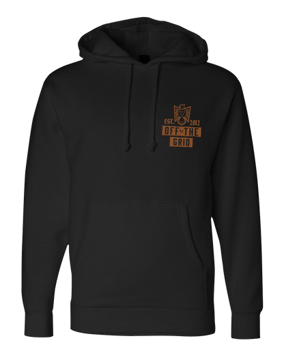 Black fleece hoodie featuring a soaring eagle design from Off The Grid Surplus, front view showing detailed eagle graphic and hoodie details.