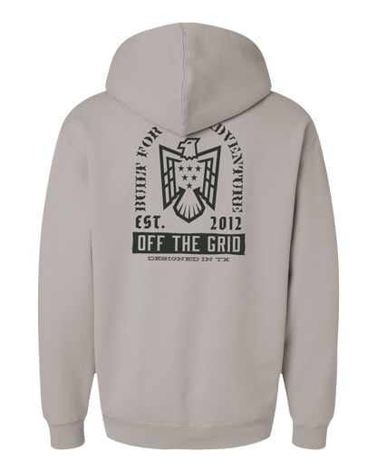 Fleece hoodie featuring a soaring eagle graphic in cement color, designed by Off The Grid Surplus.