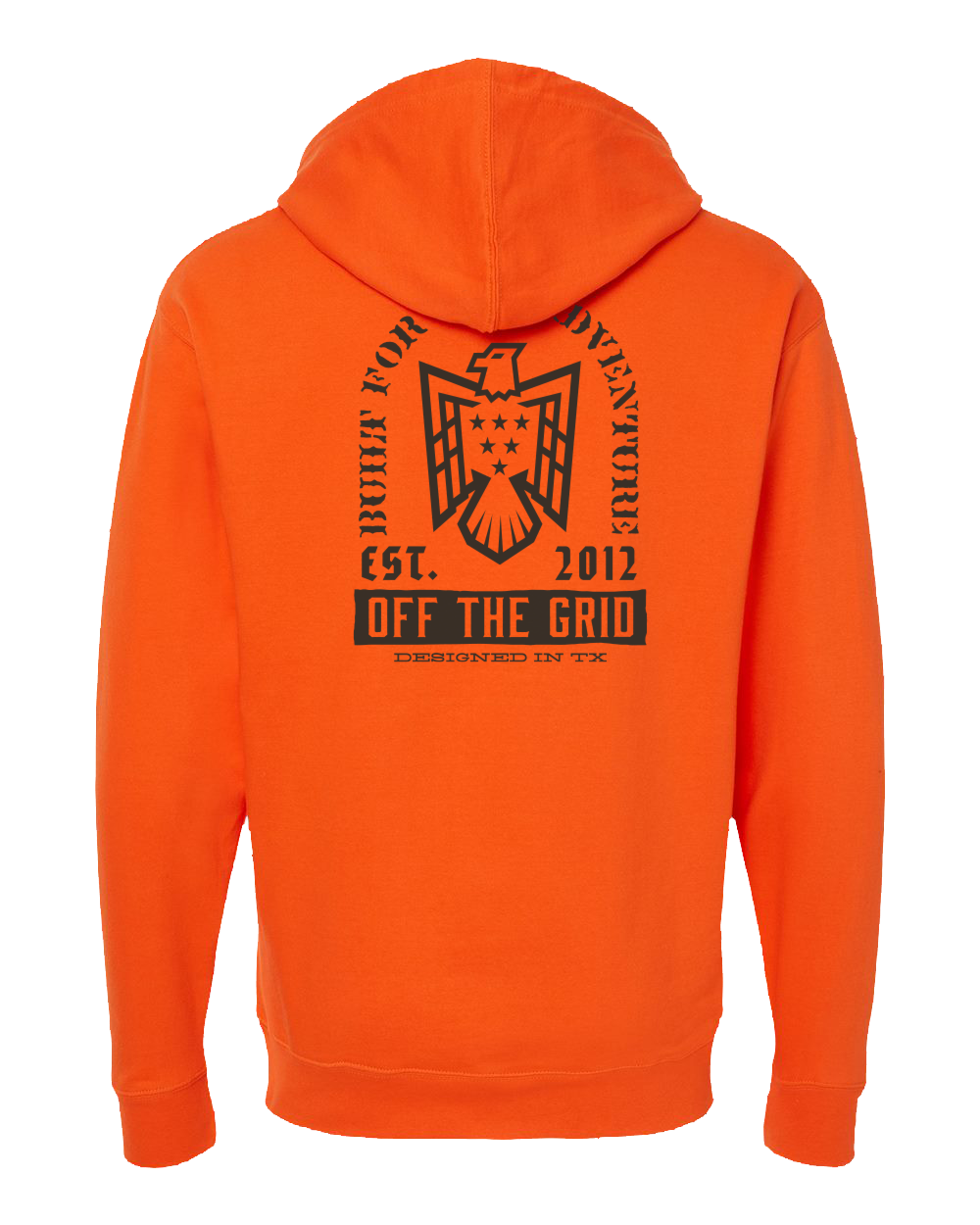 Orange fleece hoodie with soaring eagle graphic by Off The Grid Surplus, featuring a front view of the hood and eagle design.