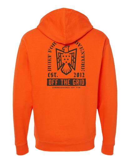Orange fleece hoodie with soaring eagle graphic by Off The Grid Surplus, featuring a front view of the hood and eagle design.