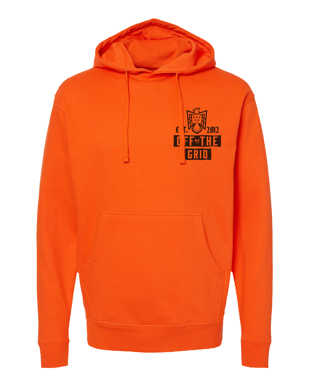 Orange fleece hoodie featuring a soaring eagle design from Off The Grid Surplus, with a front view showing the detailed eagle graphic.